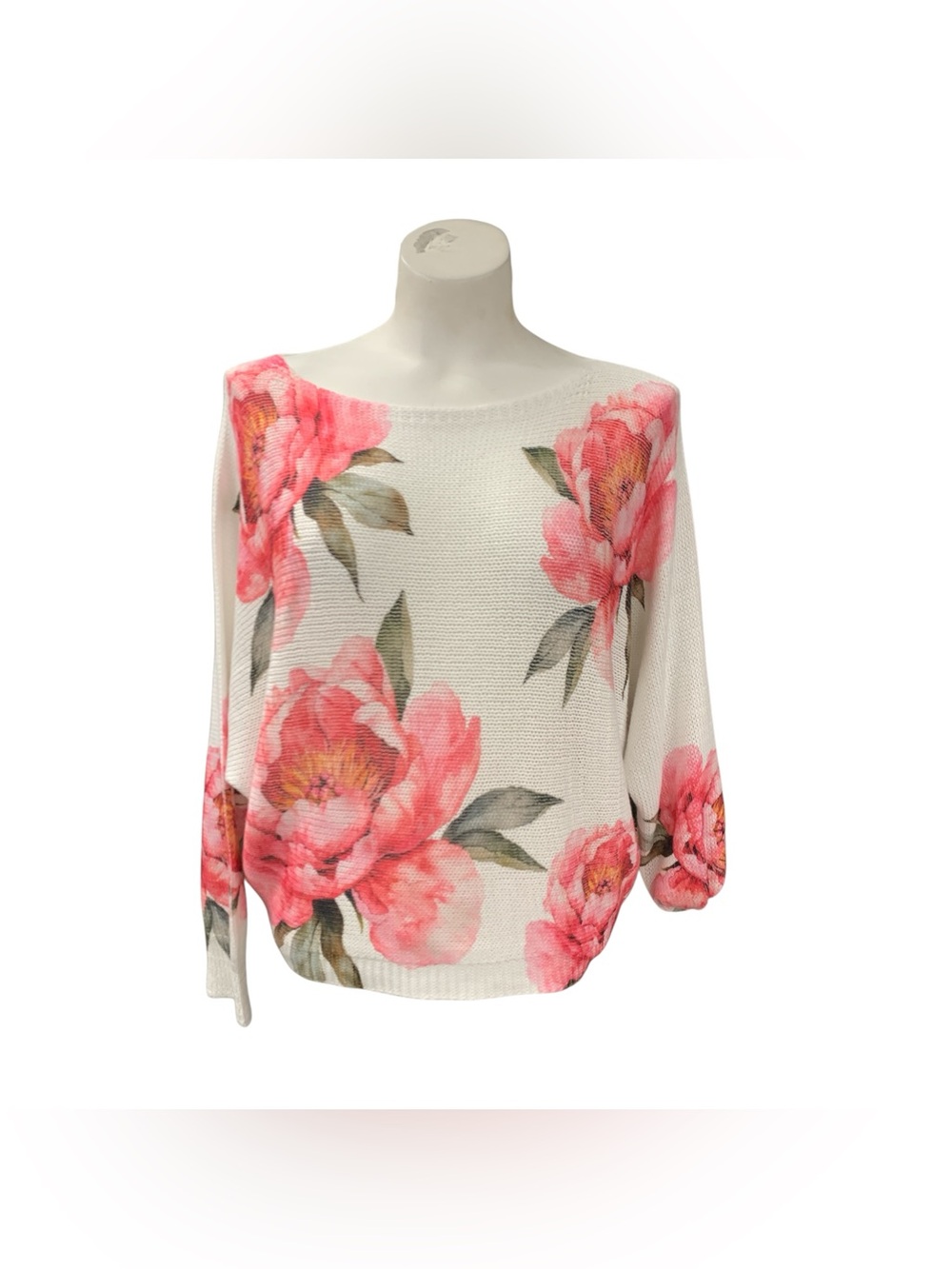 Loggia De Tessitori Floral Off-Shoulder Knit Sweater in Cream and Pink Size L